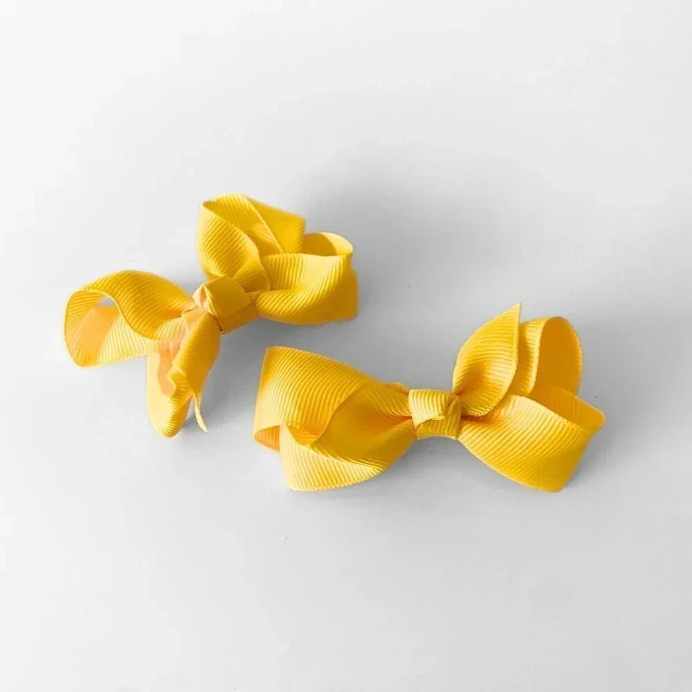 Set of 2 Pretty Girls Hair Bows Grosgrain Ribbon Clips Hair Accessories Yellow